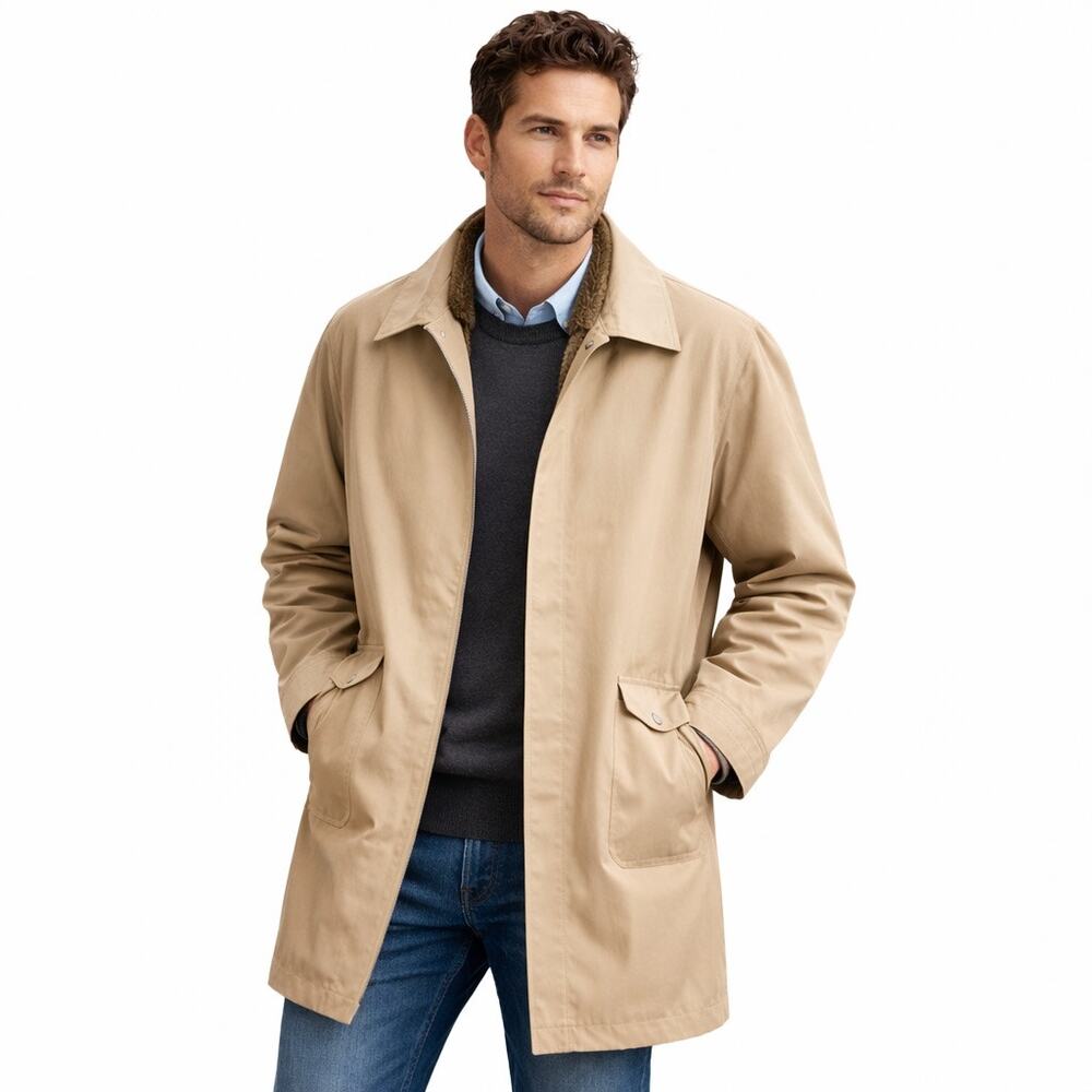 VTG 90s Mens Towne by London Fog Trench Coat 18.5 Reg L Zip-Out Faux Fur Lining